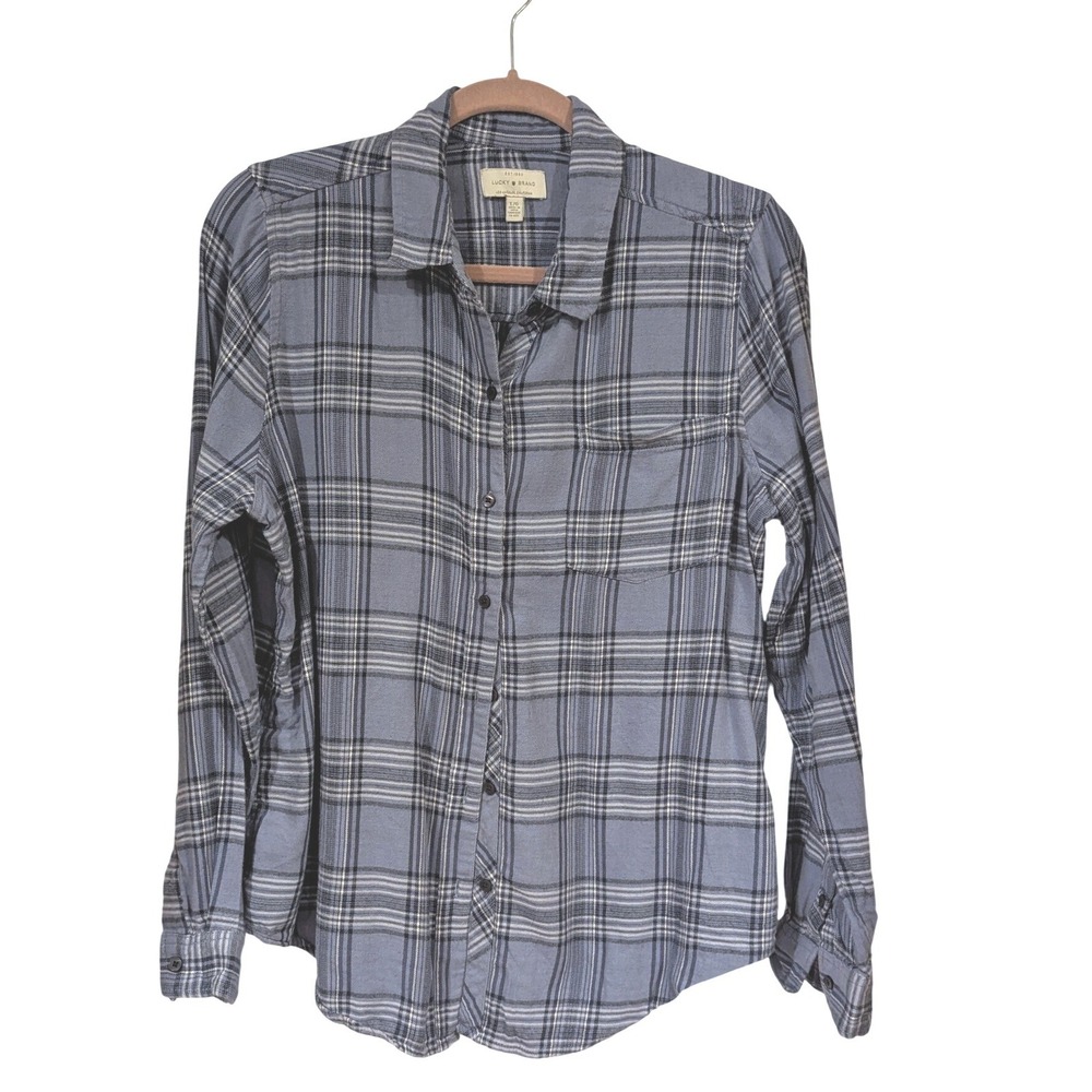 Lucky Brand Plaid Button Down Shirt Size L Blue Long Sleeve Cotton Blend Casual